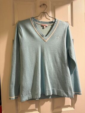 Peter Millar Light Blue V-Neck Sweater with Cream Trim